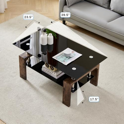 Living Room Rectangle Coffee Table, Tea Table Suitable for Waiting Room, Modern Side Coffee Table with Wooden Leg, Glass Tabletop with Lower Shelf.(Black Brown) - color: Black Brown