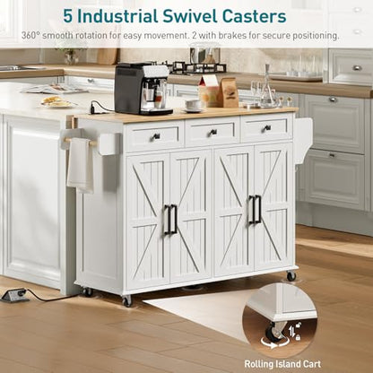 RALGEND Kitchen Island with Drop Leaf & Power Outlet, Rolling Kitchen Island Cart On Wheels, Barn Door Kitchen Island Table with Storage and Tower Rack, Island Table for Kitchen, White and Natural - color: White + Natural