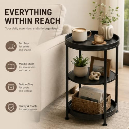 Dulcii Side Table, Round End Table with 3 Shelves for Living Room, Bedroom, Nightstand with Steel Frame for Small Spaces, Industrial Round Sofa Table, Outdoor Accent Coffee Table, Black - color: Black, style: Classic