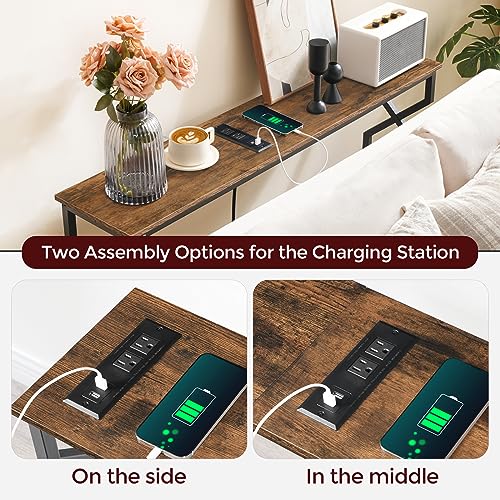 MAHANCRIS 44.9" Sofa Table, 9.4" Narrow Console Table with Charging Station, Couch Table Behind Sofa with Outlet, Entryway Table with Display Shelf, Living Room, Rustic Brown CTHR113E01 - color: Rustic Brown + Black