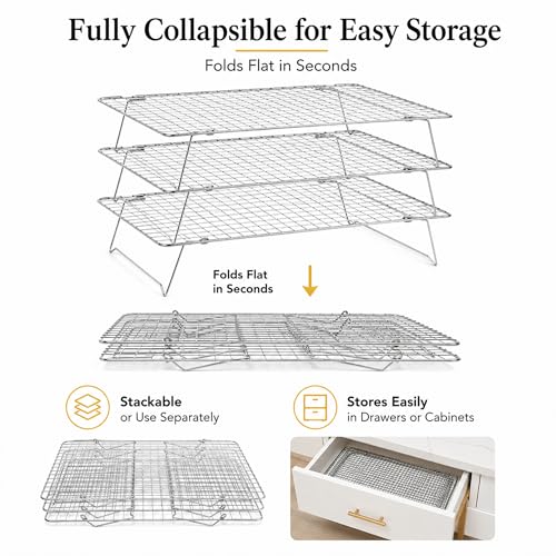 Cooling Rack 16"x10", 3-Tier Stackable & Collapsible Cooling Racks | Cooling Racks for Cooking and Baking, Roasting, Grilling, Oven & Dishwasher Safe (Silver, 3-Tier) - color: Silver, size: 3-Tier