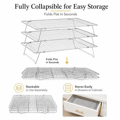 Cooling Rack 16"x10", 3-Tier Stackable & Collapsible Cooling Racks | Cooling Racks for Cooking and Baking, Roasting, Grilling, Oven & Dishwasher Safe (Silver, 3-Tier) - color: Silver, size: 3-Tier