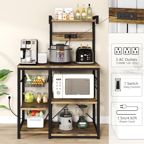 Recaceik Bakers Rack Kitchen Storage Rack with Power Outlet Microwave Stand Coffee Bar Station with 5 S-Hooks Freestanding Kitchen Shelves for Spices, Pots and Pans, Rustic Brown