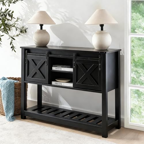 Black Farmhouse Entryway Table, Rustic Hallway Table with Storage Shelf, Sofa Table with Sliding Barn Doors for Hallway, Entryway, Living Room, Foyer - color: Black