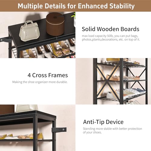 6-Tier Shoe Rack, Metal Shoe Stand with Wooden Top & 4 X Frames, Holds up to 24 Pairs, Sturdy Shoe Shelf for Entryway Closet Garage, Black - color: Black, size: 27.8"L x 10.8"W x 39.2"H