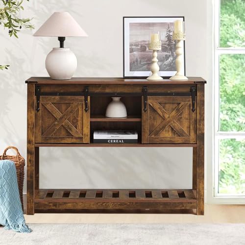 Brown Farmhouse Entryway Table, Rustic Hallway Table with Storage Shelf, Sofa Table with Sliding Barn Doors for Hallway, Entryway, Living Room, Foyer - color: Brown