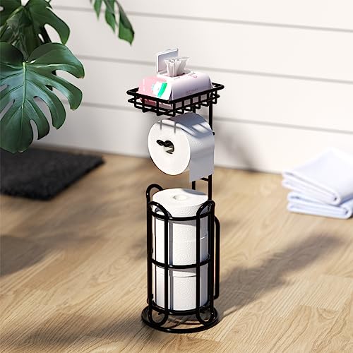 [Upgrade] Toilet Paper Holder Stand with Shelf Tissue Holders for Bathroom Free Standing Bath Tissue Roll Holder Magazine Rack for Mega Rolls/Phone/Wipe-Black - color: C-black