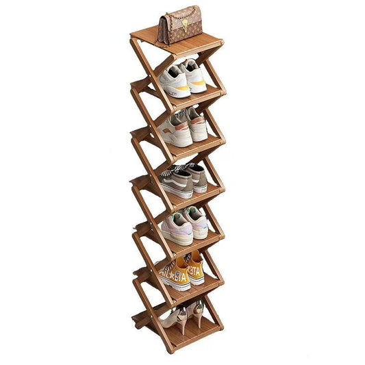 Bamboo Shoe Rack - No Assembly Required, Tall Narrow Foldable Shoe Organizer, Space-Saving Multifunctional Shelf for Entryways, Corners, Bedrooms, Balconies, 7 Layer Brown (Reinforced And Thickened ) - color: Brown, size: 7 Layers