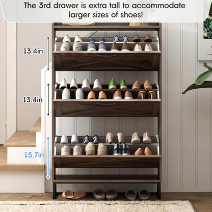 Maupvit Shoe Storage Cabinet with 3 Flip Drawers, Freestanding Organizer with Metal Legs for Entryway, Narrow Shoe Rack Cabinet, Dark Walnut - color: Dark Walnut, style: 3-Drawers