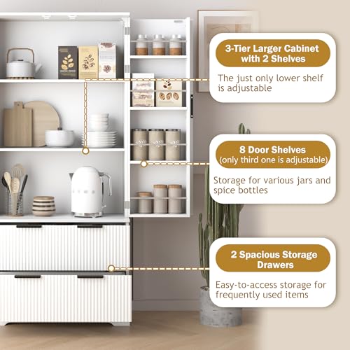 72" Tall Freestanding Wood Fluted Pantry Organizers Storage Cabinet with 2 Drawers, Door Racks, Modern Minimalist Cabinet with Adjustable Shelves for Kitchen, Living Room, Bathroom(White)