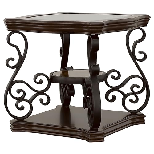 Coaster Home Furnishings - Laney - 1-Shelf Glass Top Rectangular End Table with Metal Legs, Scrollwork Design and Polished Wood Surface - Living Room - 26-Inch - Dark Merlot - 702447