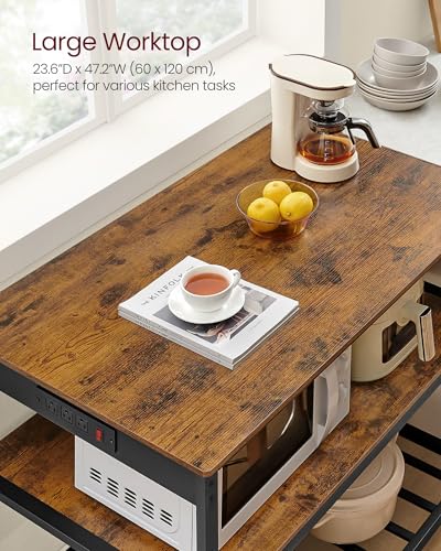 VASAGLE Kitchen Island with 3 Shelves, 47.2 Inches Width Kitchen Shelf with Power Strip, Large Worktop, Stable Steel Structure, Industrial, Easy to Assemble, Rustic Brown and Black UKKI101K01 - color: Rustic Brown + Black, size: 47.2"W x 34.9"H, style: wi