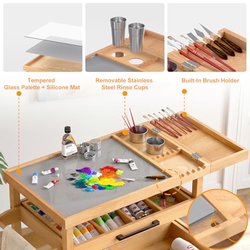 GDLF Art Storage Cart with 2 Drawers, Artist Taboret on Wheels with Tempered Glass Mixing Palette, Beech Wood Rolling Cart with Brush Holder, 2 Rinse Cups & Paper Towel/Towel Bar