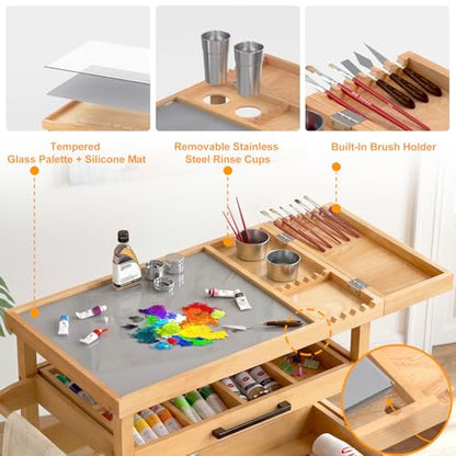 GDLF Art Storage Cart with 2 Drawers, Artist Taboret on Wheels with Tempered Glass Mixing Palette, Beech Wood Rolling Cart with Brush Holder, 2 Rinse Cups & Paper Towel/Towel Bar