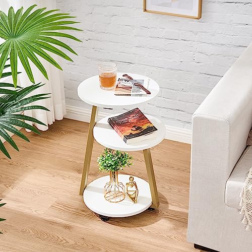 BEWISHOME Round End Table Side Table, White Gold, KTZ41M | Metal Frame, 3-Tier Shelves, Accent Bedside Table Nightstand, Small Couch Table - color: White, size: without PowerOutlet