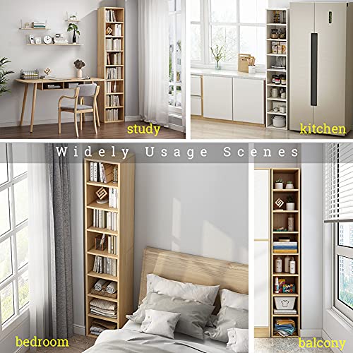 IOTXY Small Narrow Corner Bookcase - 47 Inches Tall Gap Freestanding Storage Cabinet, 5 Lattices Open Shelves Tower Rack, Cubes Bookshelf in Oak | Modern Minimalist Style, MDF Material, Adjustable Movable Shelves, 4 Latticed Tower Rack with a Door, Space-