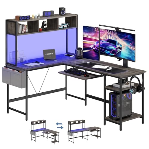 DUMOS 67" L Shaped Gaming Desk, Reversible Computer Desks with LED Lighting, Corner Desk for Compact Spaces with Keyboard Tray & Storage Shelf, Metal Frame PC Gaming Table for Home Office, Gray - color: Grey, size: 67 IN