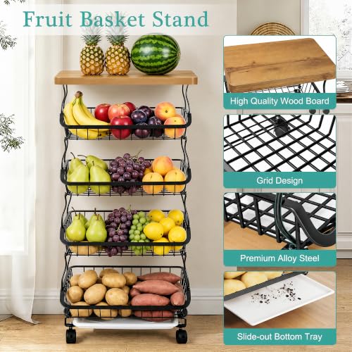 VECELO 5-Tier Fruit Basket with Wheels, Fruit and Vegetable Storage Cart for Kithchen, Stackable Produce Organizer Wire Baskets for Kitchen, Pantry, Living Room - size: 5 Tiers