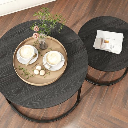 HOJINLINERO Round Nesting Coffee Table Set of 2,Wood Cocktail Table,Black | Center Table for Living Room,Small Apartment,Small Space,Side Tables,Easy Assembly,Sturdy Metal Frame Wooden Tabletop,Large - color: Black, size: Large