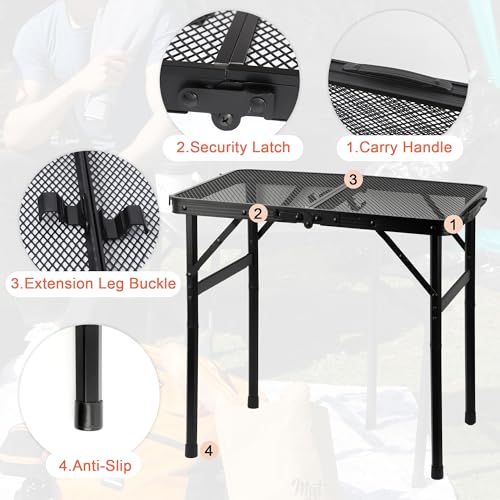 GREGIN Camping Table with Mesh Desktop, Lightweight & Portable Small Folding Grill Table, Height Adjustable Metal Outdoor Table for Camp, Cooking, BBQ, RV, Picnic-2 FT Black - size: S: 23.62"L x 15.75"W x 10.6"H/22"H