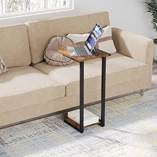 Hosfais Side Table Small End Table, C-Shaped Wood Sofa Table with Metal Frame for Living Room, Bedroom, Small Spaces (Rustic Brown) - color: Rustic Brown, size: Curved
