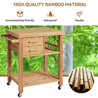 Bamboo Kitchen Island on Wheels, Lockable Rolling Kitchen Cart with 2 Storage Drawers & Open Shelf, Wood Utility Butcher Block Island with Towel Rack