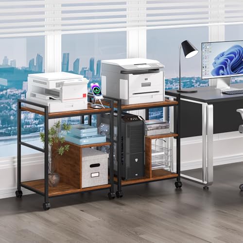 Lerliuo 24" Wide Large Printer Stand with Storage, Brown | Printer Table for Home Office with Charging Station, 3 Tier Industrial Mobile Printer Cart with Lockable Wheels - color: Brown