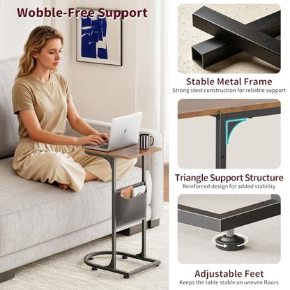 C Shaped End Table, Slide Under Small Side Table for Couch & Small Spaces | Wobble-Free C Table, Rustic Brown, Storage Bag, Sturdy Metal Frame, Wood Top, For Living Room Bedroom, 15-Min Quick Assembly - color: Classic Rustic Brown