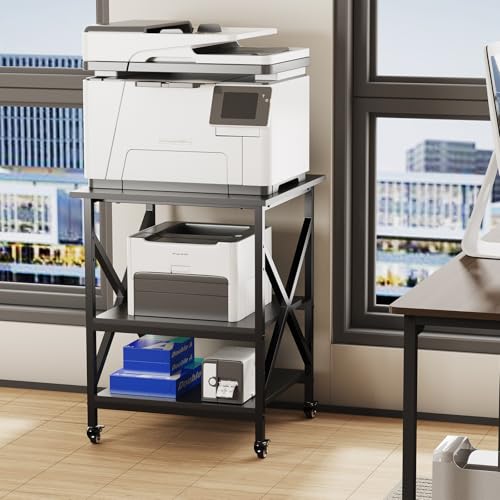 3 Tier Printer Stand, Large Table with Wheels, Rolling Cart with Height Adjustable Middle Storage Shelf, 23.6 x 23.6 x 30.3 Inches Shelf for Home Office, Black - color: Black