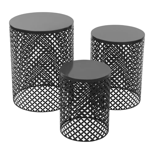 Outdoor Side Table, 3PCS Round Metal Frame Coffee End Tables, Modern Decorative Garden Stool, Multifunctional Nesting Side Table for Garden, Balcony, Cafe, Park, Pool Side (Black)