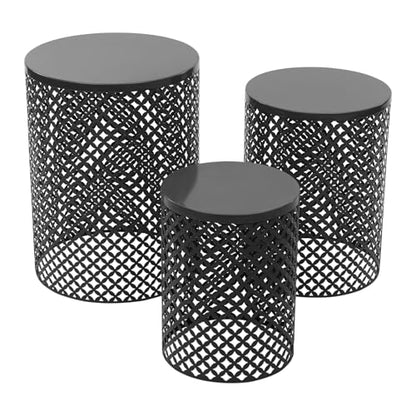 Outdoor Side Table, 3PCS Round Metal Frame Coffee End Tables, Modern Decorative Garden Stool, Multifunctional Nesting Side Table for Garden, Balcony, Cafe, Park, Pool Side (Black)