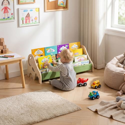 LAMU Kids Bookshelf, 4 Tier Solid Pine Wood Toddler Bookshelf, Book Shelf for Kids Rooms, Portable Montessori Bookcase, Childrens Book Storage Display for Baby's Bedroom Nursery Playroom (Elephant)