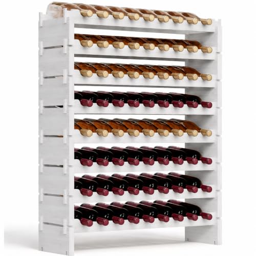NutriChef 72 Bottle Wine Rack Stackable Bamboo Freestanding, 8-Tier Modular Shelf, Sturdy Wobble Free, Upgraded 2026 Design, Easy No-Tool Assembly for Kitchen, Cellar or Bar 33.5" x 10" x 41" (White) - size: 72 Bottle - White