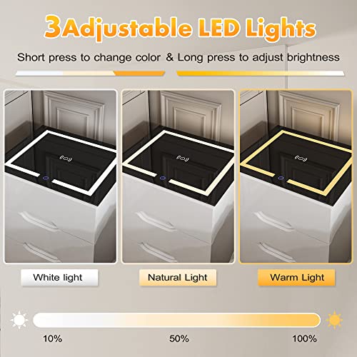 kepptory White Smart Nightstand with Wireless Charging Station & Adjustable LED Lights, High Gloss End Table with 3 Drawers & USB Charging, Bedside Table Organizer for Bedroom Use - color: White