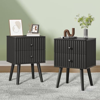 Wooden Nightstand with 2 Drawers, Fluted Night Stand Set of 2, Morden Side Table for Bedroom, Living Room and Small Space, Black