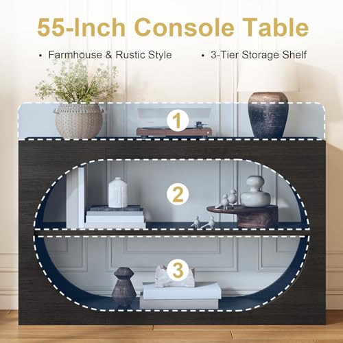 55-Inch Entryway Table with Storage, 3-Tier Console Tables, Behind Couch Table Wood Narrow Console Tables for Entryway, Living Room, Foyer, Hallway, Entry (Black) - color: Black
