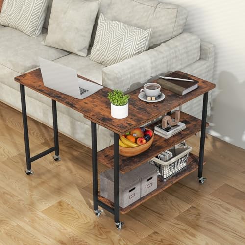 Tangkula 360° Rotating Sofa Side Table, Patented Mobile End Table with 2-Tier Storage Shelves, Swivel Rolling Desk with 6 Lockable Wheels, Metal Frame, Movable Laptop Table Couch Snack Table for Home - color: Rustic Brown, size: Medium