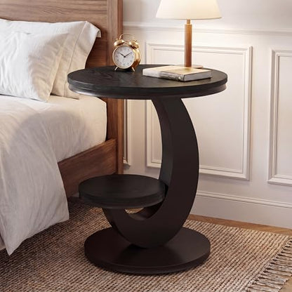 Tribesigns Round End Table with 2-Tier Shelf Storage,C Shaped Wood Side Table for Couch with Metal Frame,Modern Nightstand Accent Table for Living Room,Bedroom,Small Space,Black - color: Black