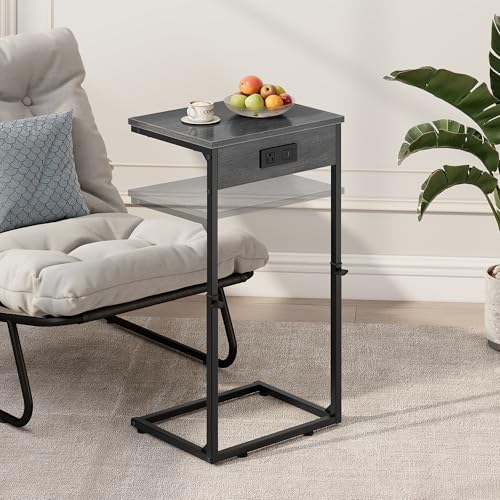 Vagusicc C Shaped End Table with Charging Station, Adjustable Height Side Table for Couch, Small Side Table, 33.2'' Tall Couch Tables that Slide Under, Tv Tray End Table for Living Room, Gray Walnut - color: Gray Walnut (1 Pack), style: With Plug