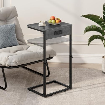 Vagusicc C Shaped End Table with Charging Station, Adjustable Height Side Table for Couch, Small Side Table, 33.2'' Tall Couch Tables that Slide Under, Tv Tray End Table for Living Room, Gray Walnut - color: Gray Walnut (1 Pack), style: With Plug