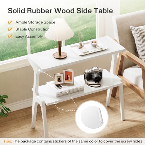 Tribesigns 2-Tier Solid Wood Side Table, Modern White End Table with Storage Shelves, Tall Slim Side Table for Couch with Unique Legs, Long Bedside Table for Bedroom, Living Room - color: White