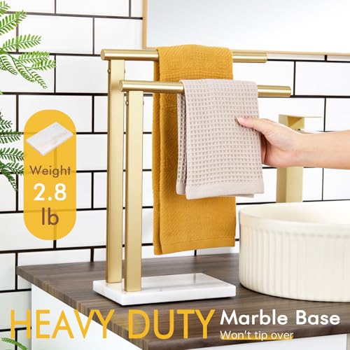 KOKOSIRI Hand Towel Rack Standing Towel Rails 2-Tier with Marble Base for Bathroom Vanity Countertop, Brushed Gold Stainless Steel 15.7'' Height THS0007-BG - color: Brushed Gold, size: 2-Bar
