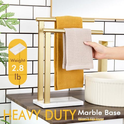 KOKOSIRI Hand Towel Rack Standing Towel Rails 2-Tier with Marble Base for Bathroom Vanity Countertop, Brushed Gold Stainless Steel 15.7'' Height THS0007-BG - color: Brushed Gold, size: 2-Bar