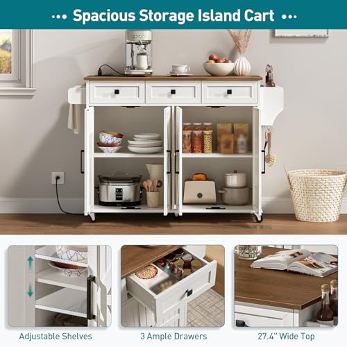 RALGEND Kitchen Island with Drop Leaf & Power Outlet, Rolling Kitchen Island Cart On Wheels, Barn Door Kitchen Island Table with Storage and Tower Rack, Island Table for Kitchen, White and Walnut - color: White + Walnut