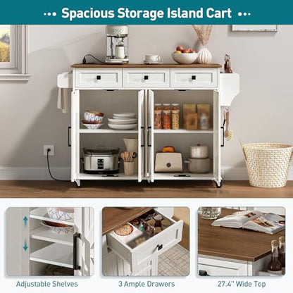 RALGEND Kitchen Island with Drop Leaf & Power Outlet, Rolling Kitchen Island Cart On Wheels, Barn Door Kitchen Island Table with Storage and Tower Rack, Island Table for Kitchen, White and Walnut - color: White + Walnut