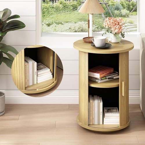 Wnutrees Round Fluted End Table, Small Accent Pedestal Side Table, Natural | Wood Nightstand with Sliding Door & 2 Tier Shelf, Bedside Unit for Living Room, Bedroom - color: Natural