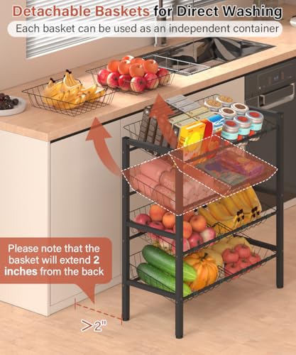 4-Tier Fruit and Vegetable Storage Rack with 8 Removable Baskets, Small Kitchen Island, Pantry Floor Organizer Stand Shelves for Snack Onion Potato Storage, Black - style: 8 Baskets-Black