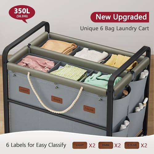 350L Extra Large Laundry Cart 6 Section, Grey | Large Capacity, Heavy Duty Lockable Wheels, Sturdy Metal Frame, Leather Patchwork, Removable Bags - color: Grey, size: 6 Bag 350L