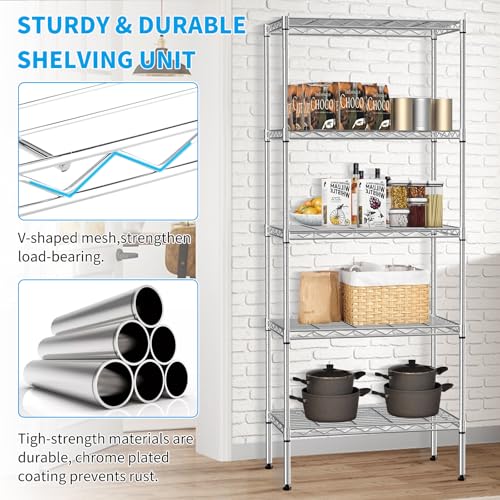 BLKMTY 5 Tier Wire Shelving, Narrow Storage Metal Shelf, Standing Shelf Units, Adjustable Garage Shelving, 750 lbs Capacity, Commercial Shelves, 11.6" D x 21.5" W x 47.6" H, Chrome - color: Chrome, size: 5 Tire: 11.6" D x 21.5" W x 47.6" H