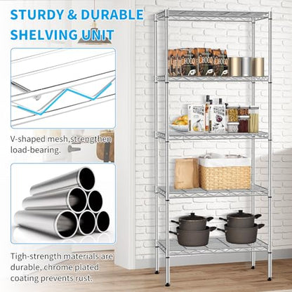 BLKMTY 5 Tier Wire Shelving, Narrow Storage Metal Shelf, Standing Shelf Units, Adjustable Garage Shelving, 750 lbs Capacity, Commercial Shelves, 11.6" D x 21.5" W x 47.6" H, Chrome - color: Chrome, size: 5 Tire: 11.6" D x 21.5" W x 47.6" H